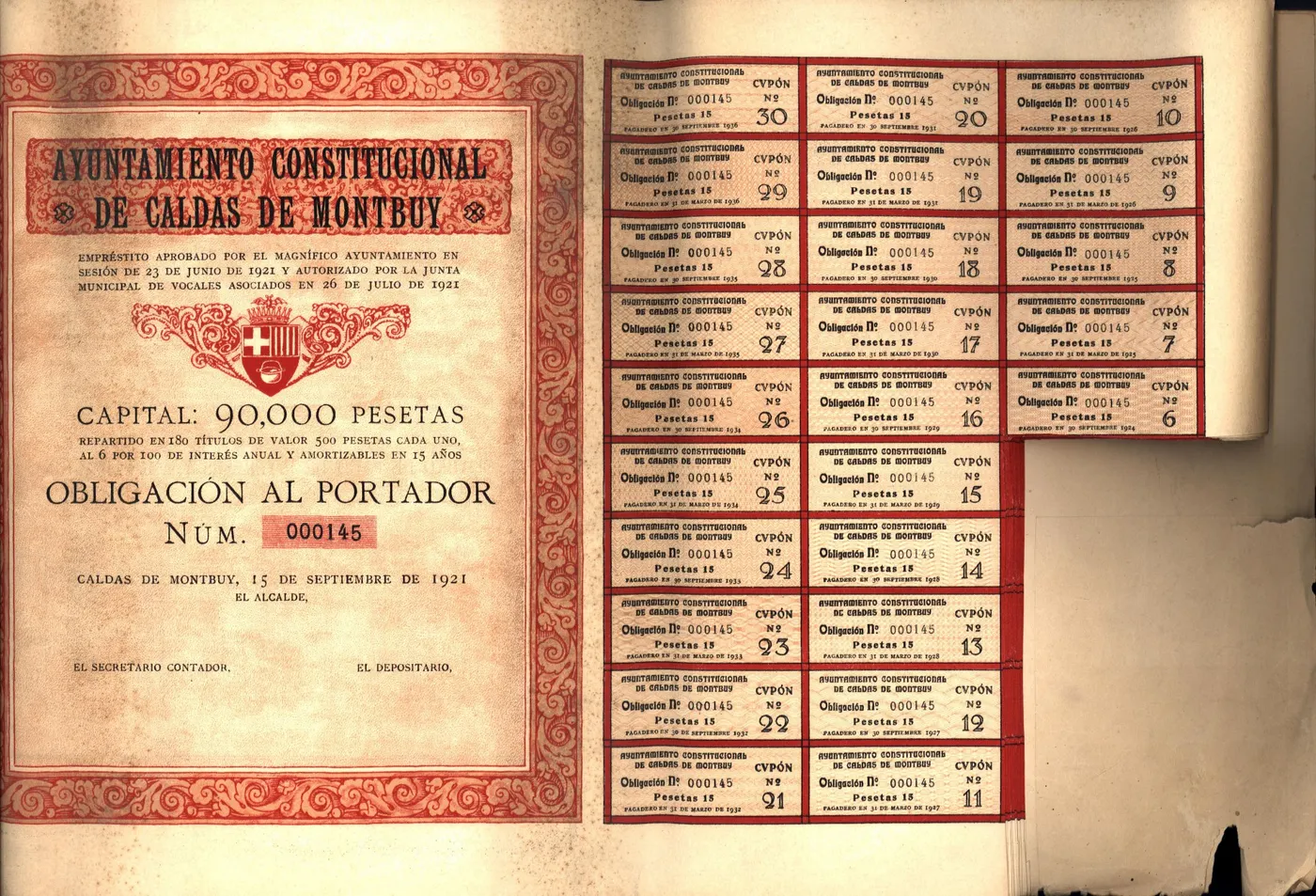 L'Arxiu Municipal de Caldes mostra l'expedient d'un préstec de 90.000 pessetes de 1921