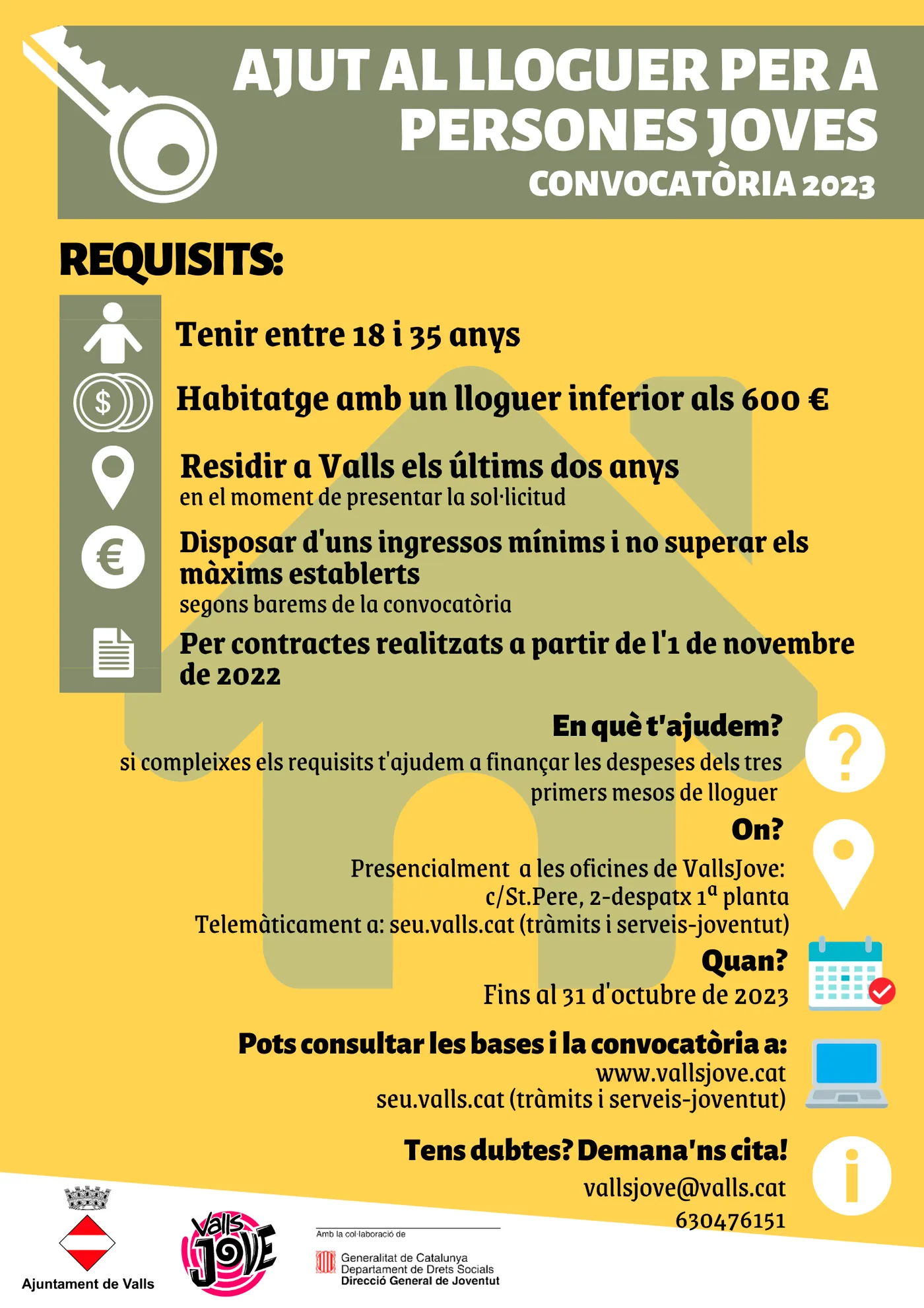 Oberta la convocatòria d’ajuts per l’accés dels joves a l’habitatge de lloguer