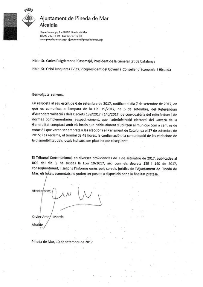 Xavier Amor, a la Generalitat per l'1 d'octubre: "Els locals sol·licitats no poden ser posats a disposició"