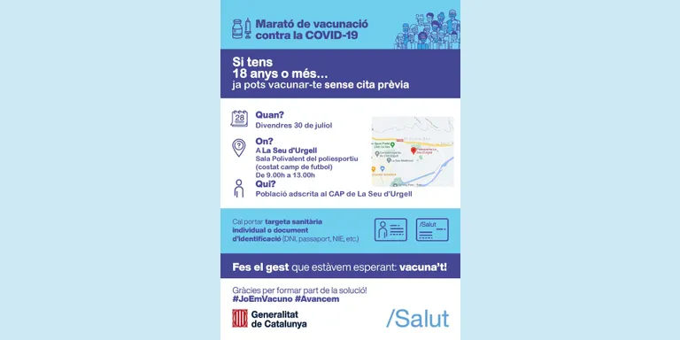 Nova marató de vacunació sense cita prèvia a la Seu d'Urgell, per a tota la població major de 18 anys