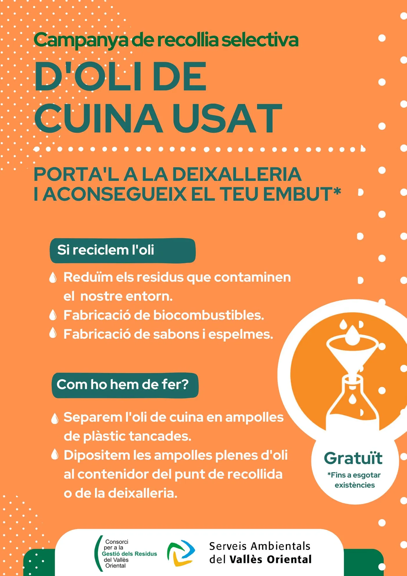 El consorci comarcal de residus impulsa una campanya per la recollida selectiva de l’oli de cuina usat