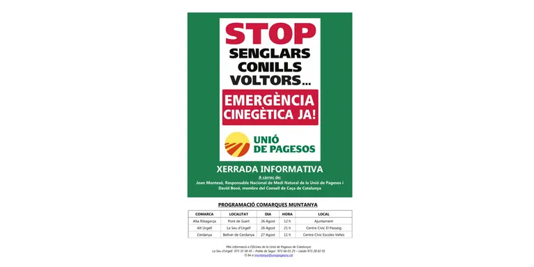 Unió de Pagesos programa a la Seu una xerrada sobre els danys de la fauna