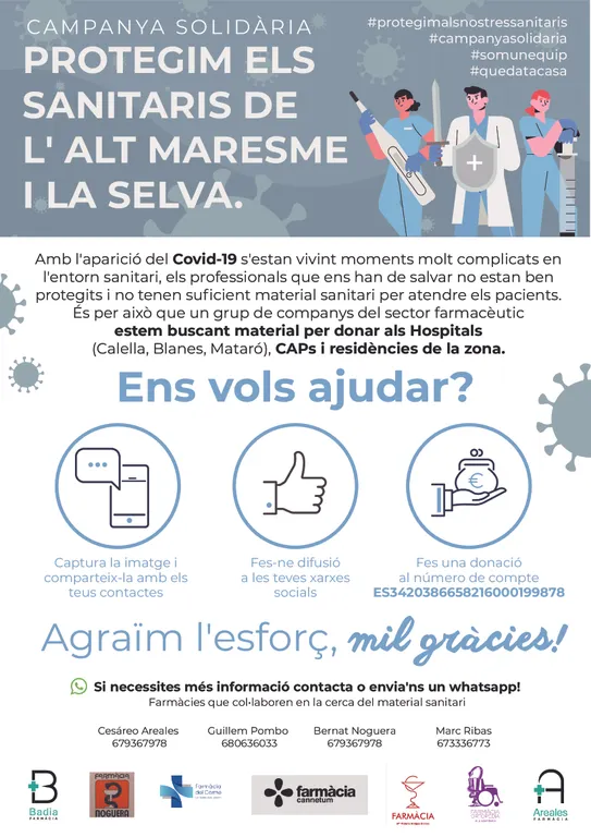 Farmàcies de Pineda i l'Alt Maresme engeguen una iniciativa per ajudar a protegir els sanitaris de l'Alt Maresme i La Selva