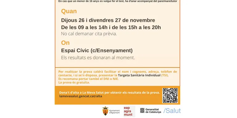 Actualització dels horaris del cribratge poblacional a l'àrea bàsica de salut d'Agramunt -
