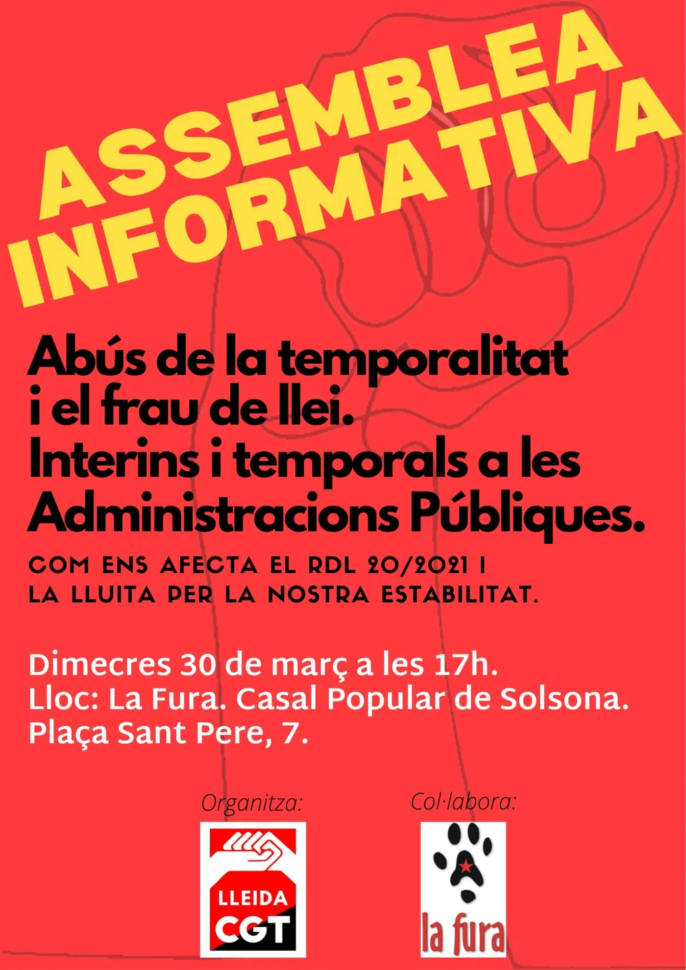 La Fura organitza una xerrada informativa sobre la problemàtica d'interins i temporals a les administracions públiques