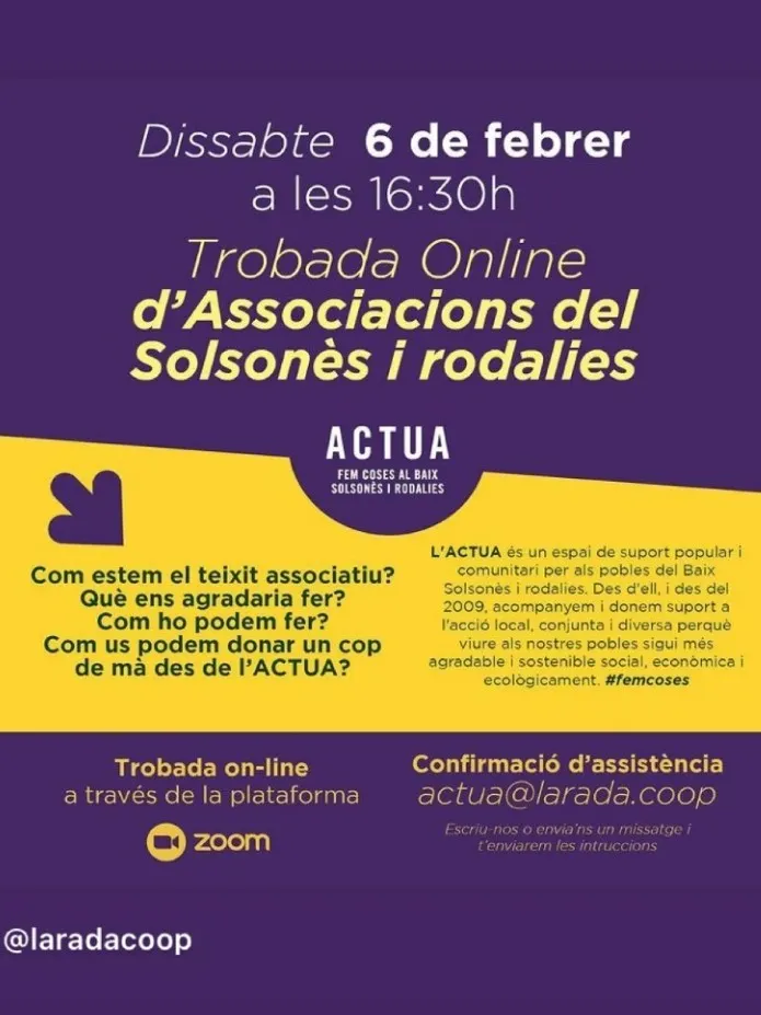 L'Arada convoca aquest dissabte una trobada online d'associacions del Solsonès i rodalies