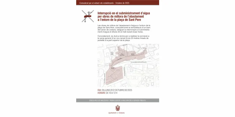 L'Ajuntament de Solsona informa d'un tall d'aigua a l'entorn de la plaça de Sant Pere