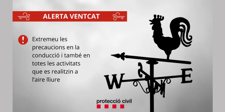 Protecció Civil de la Generalitat activa l'Alerta del pla VENTCAT per la previsió de fort vent a partir de la mitjanit