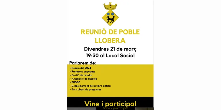 L'Ajuntament de Llobera convoca els veïns demà a una reunió de poble