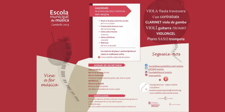 L’Escola Municipal del Música de Cambrils inicia el període de preinscripcions