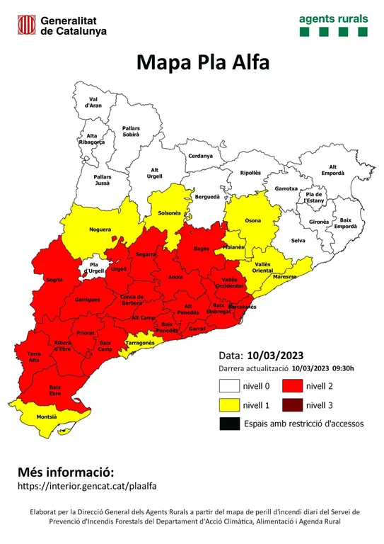 Activat el nivell 2 del Pla Alfa per risc d’incendi a 15 comarques catalanes