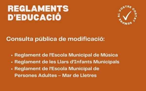 S’obren tres consultes públiques sobre la modificació dels reglaments d'educació de Torredembarra, del 4 al 31 d'octubre