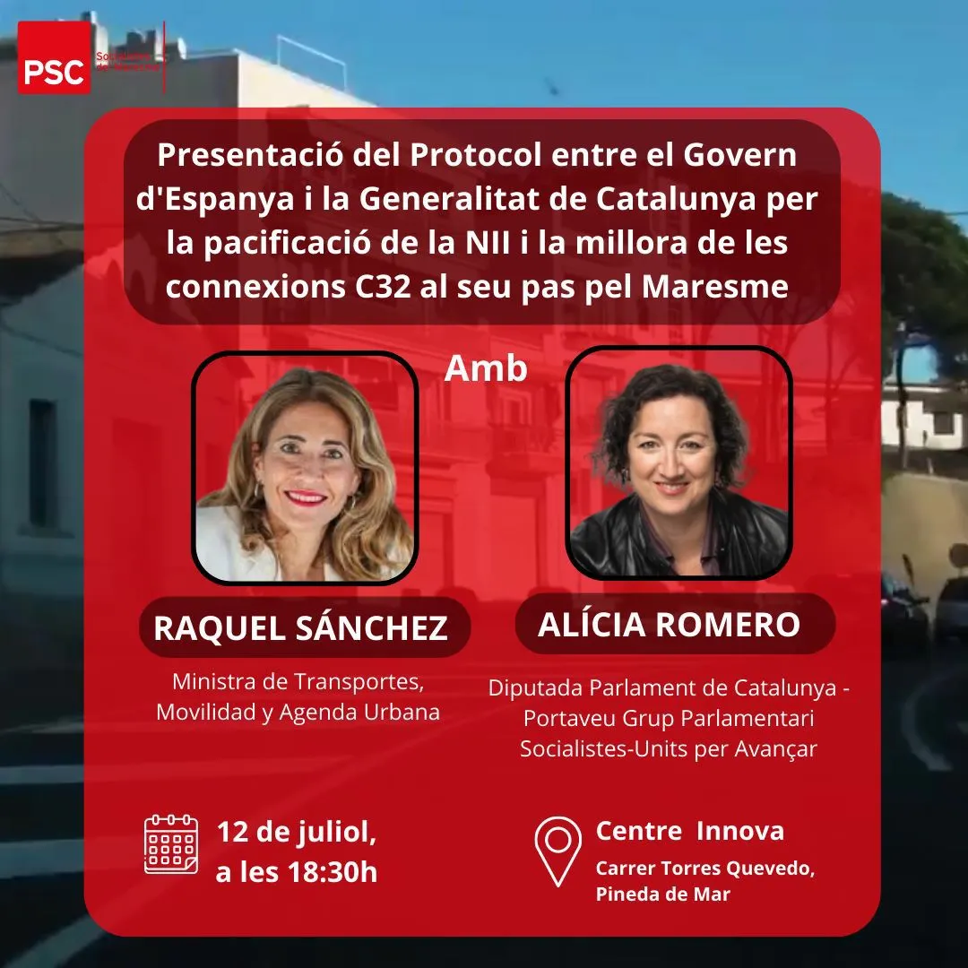 El PSC fa un acte dimecres a Pineda amb la ministra Raquel Sánchez