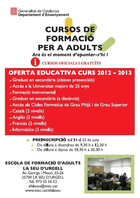 L'Aula de Formació d'Adults de la Seu obre el termini de preinscripcions