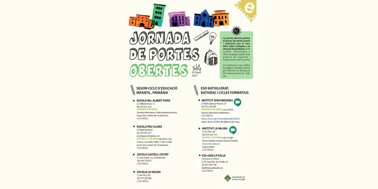 Els centres educatius de la Seu d’Urgell programen les seves jornades de portes obertes adaptades a la situació de pandèmia