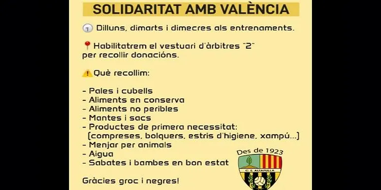 El CE Altafulla fa una crida per recaptar material humanitari per als afectats de les inundacions al País Valencià