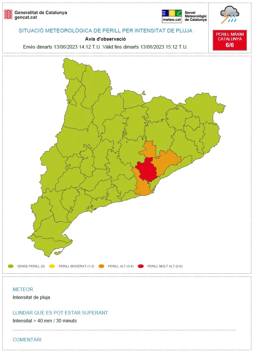 Protecció Civil activa l’INUNCAT per les pluges d’aquest dimarts