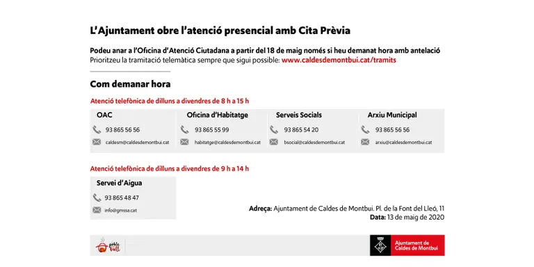 L'Ajuntament reprèn l'atenció al públic amb cita prèvia