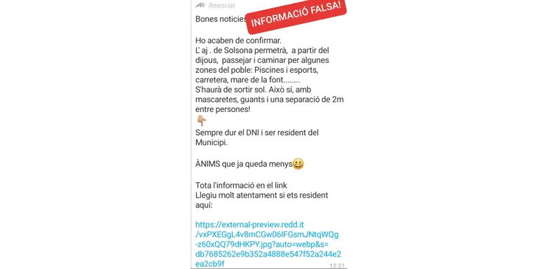 L'Aj.Solsona adverteix d'una notícia falsa que circula per WhatsApp explicant mesures d'aixecament del confinament