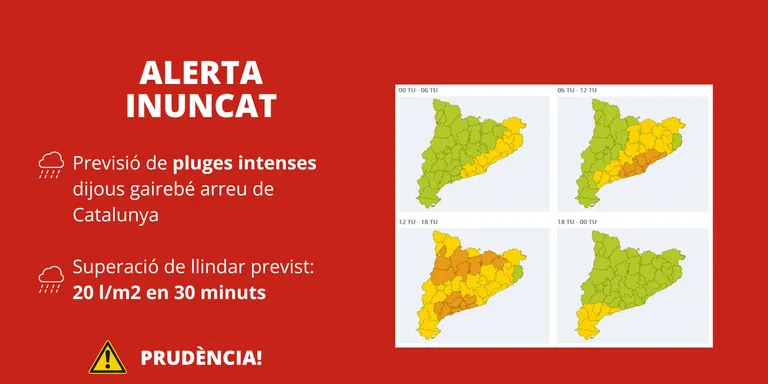 Protecció Civil activa l'alerta del pla INUNCAT per la previsió de pluges intenses dijous