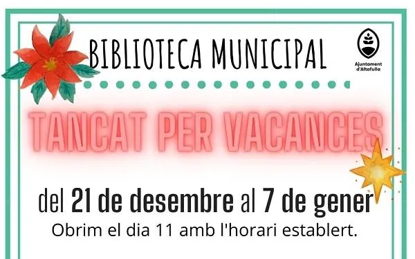 La Biblioteca d’Altafulla tancarà portes del 21 de desembre al 7 de gener per les vacances de Nadal