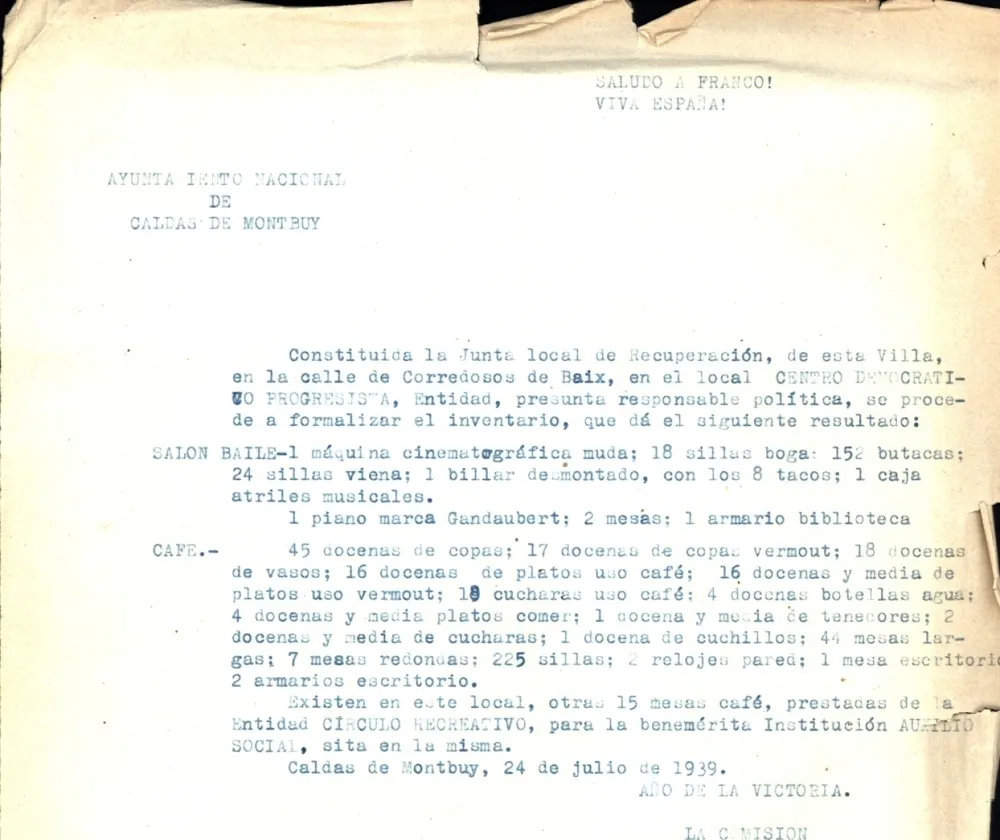 L’Arxiu Històric mostra un document que recull els bens mobles de l’ateneu El Centre espoliats pel règim franquista el 1939