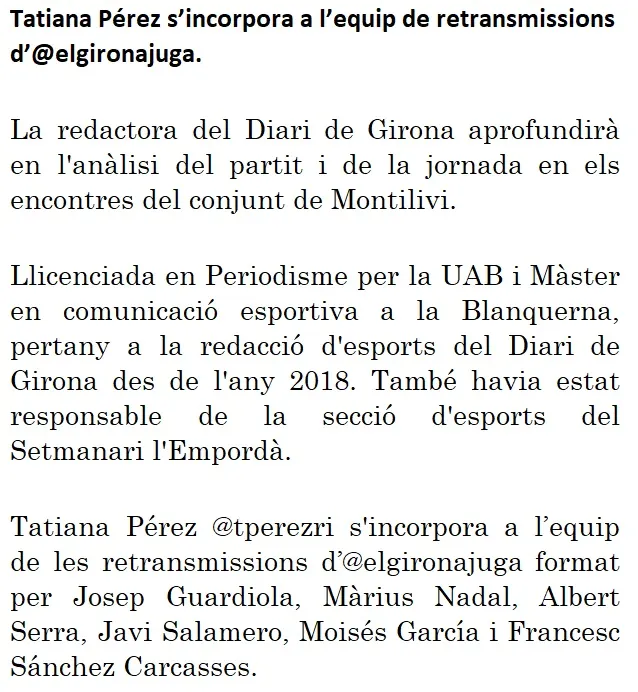 Tatiana Pérez s’incorpora a l’equip de retransmissions d’@elgironajuga.