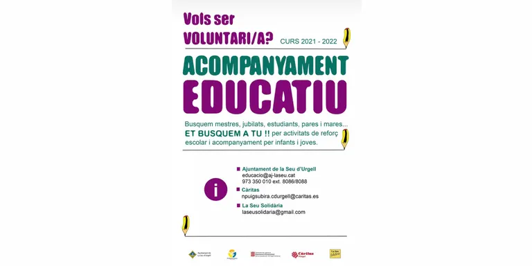 Cerca de voluntaris a la Seu d'Urgell per al projecte d'acompanyament educatiu del curs 2021-2022