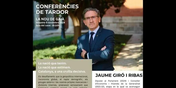 L’exconseller Jaume Giró serà el segon protagonista del cicle ‘Conferències de tardor’ de la Nou de Gaià