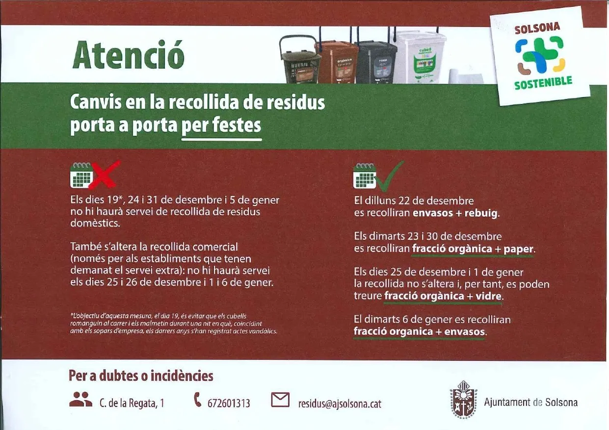 L'Ajuntament de Solsona informa dels canvis en el porta a porta durant les festes