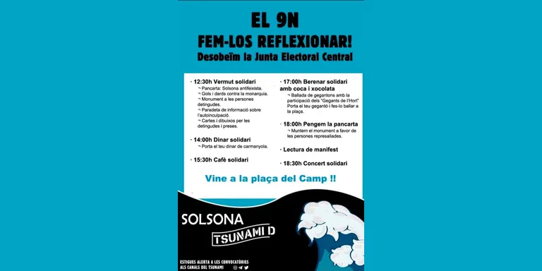 Tsunami Democràtic convoca un programa d'activitats lúdiques i reivindicatives a Solsona durant la jornada de reflexió d'aquest dissabte