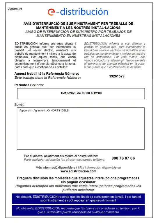Avís per tall en el subministrament de llum per demà al carrer dels Horts