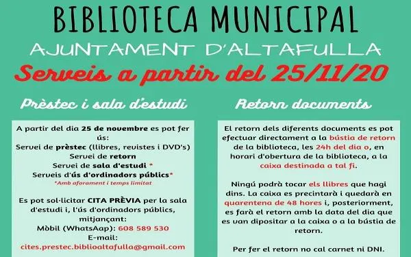 La sala de consulta de la Biblioteca d'Altafulla torna a estar oberta al públic