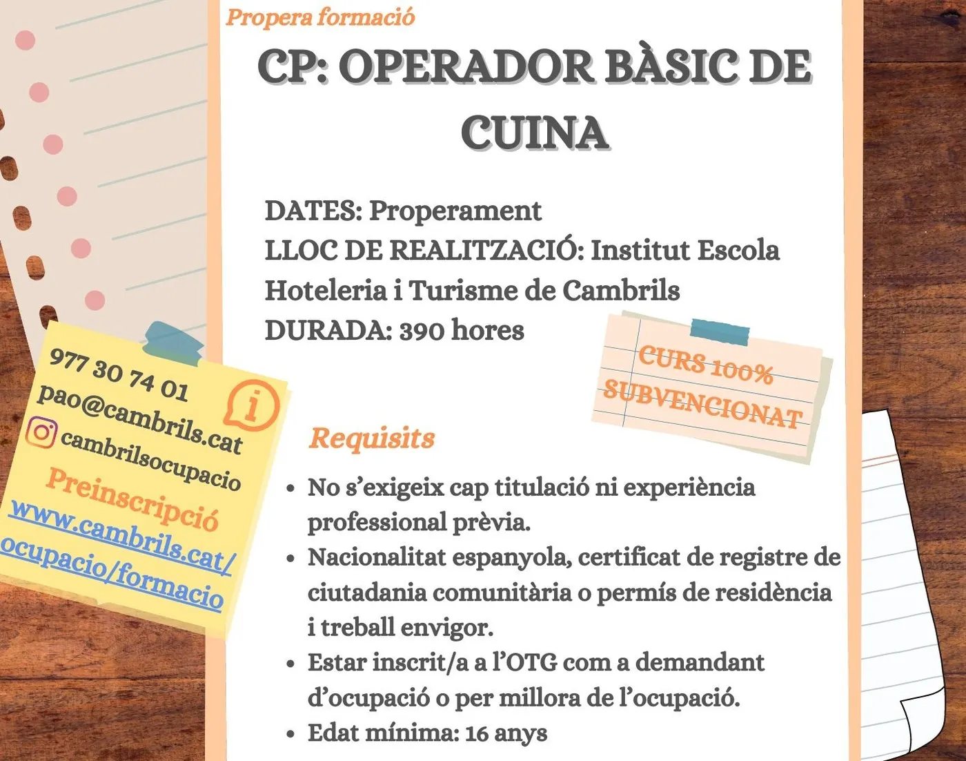 L’Ajuntament organitzarà un nou curs d’Operador de Cuina subvencionat per la Generalitat