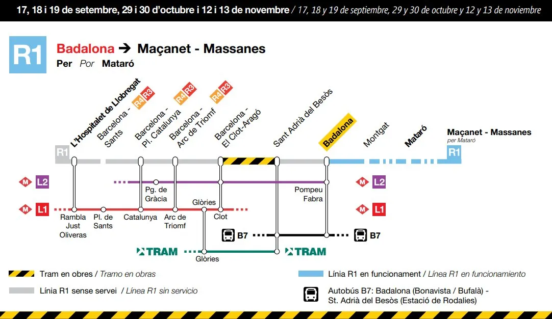 La línia R1 del Maresme comença i acaba el trajecte a Badalona aquest dissabte, diumenge i dilluns