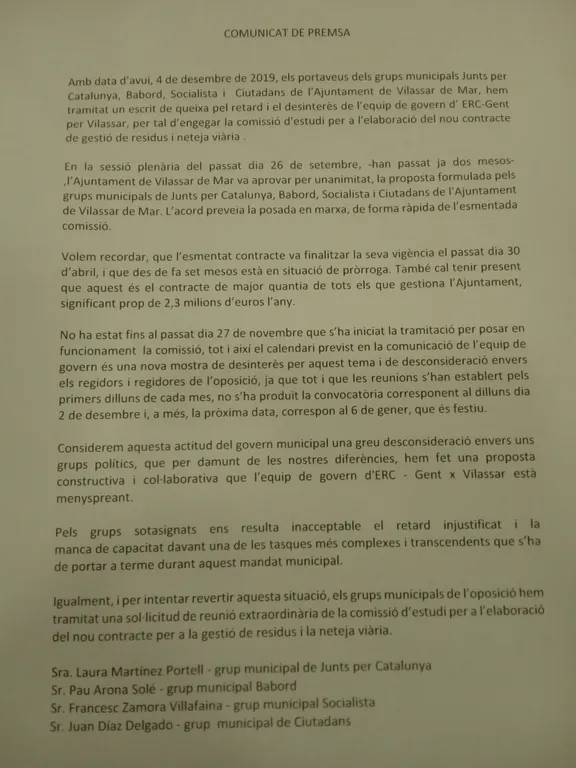 L’oposició demana al govern una reunió extraordinària per accelerar l’elaboració del nou contracte de gestió de residus i neteja viària