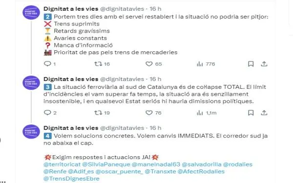 Dignitat a les vies reclama una reunió amb el president de la Generalitat pel caos a Renfe