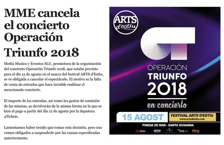 Es cancel·la el concert d'OT al Festival Arts d'Estiu per decisió dels seus promotors