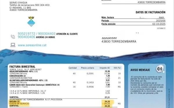 L’Ajuntament de Torredembarra separarà el cobrament de la taxa de la brossa i el del servei de l’aigua, que actualment es paguen en un mateix rebut