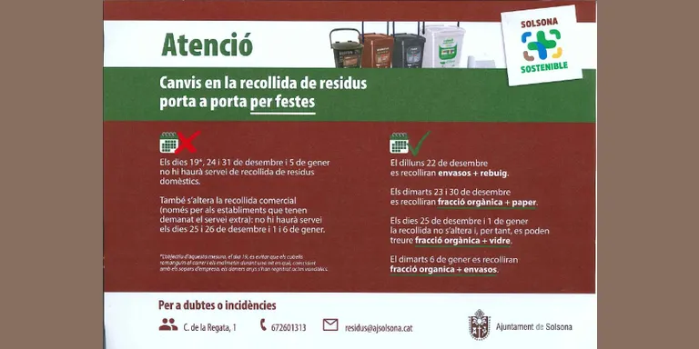 L'Ajuntament de Solsona informa dels canvis en el porta a porta durant les festes