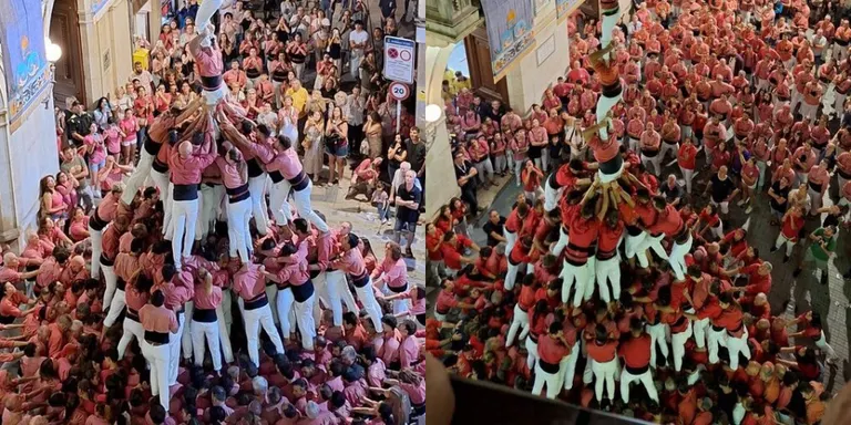 Les dues colles vallenques llueixen el pilar de 8 emmanillat a la Diada Nacional