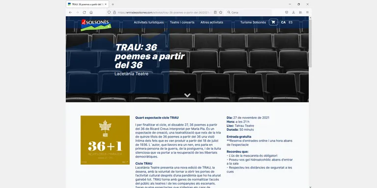 Les entitats que utilitzin la plataforma d'entrades de Turisme Solsonès hauran de cedir només un 2% de l'import de les vendes per cobrir les despeses de funcionament