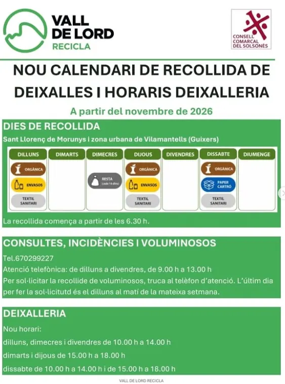 La Vall de Lord estrena la setmana que ve un nou servei de recollida de residus amb implantació progressiva de millores