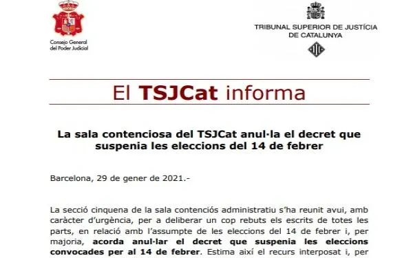 El TSJC manté les eleccions del 14F perquè ajornar-les provocaria un "període prolongat de provisionalitat" en el Govern