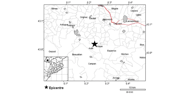 Percebut a l'Aran un terratrèmol de magnitud 3,7 amb epicentre a Banhèras de Bigorra
