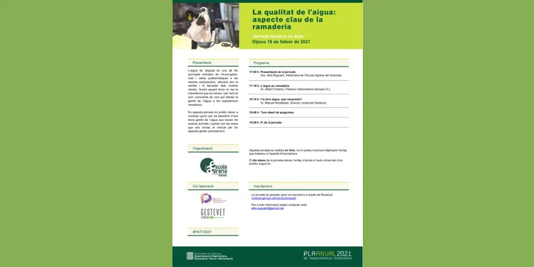 L'Escola Agrària del Solsonès programa una jornada tècnica sobre la qualitat de l'aigua com a aspecte clau de la ramaderia