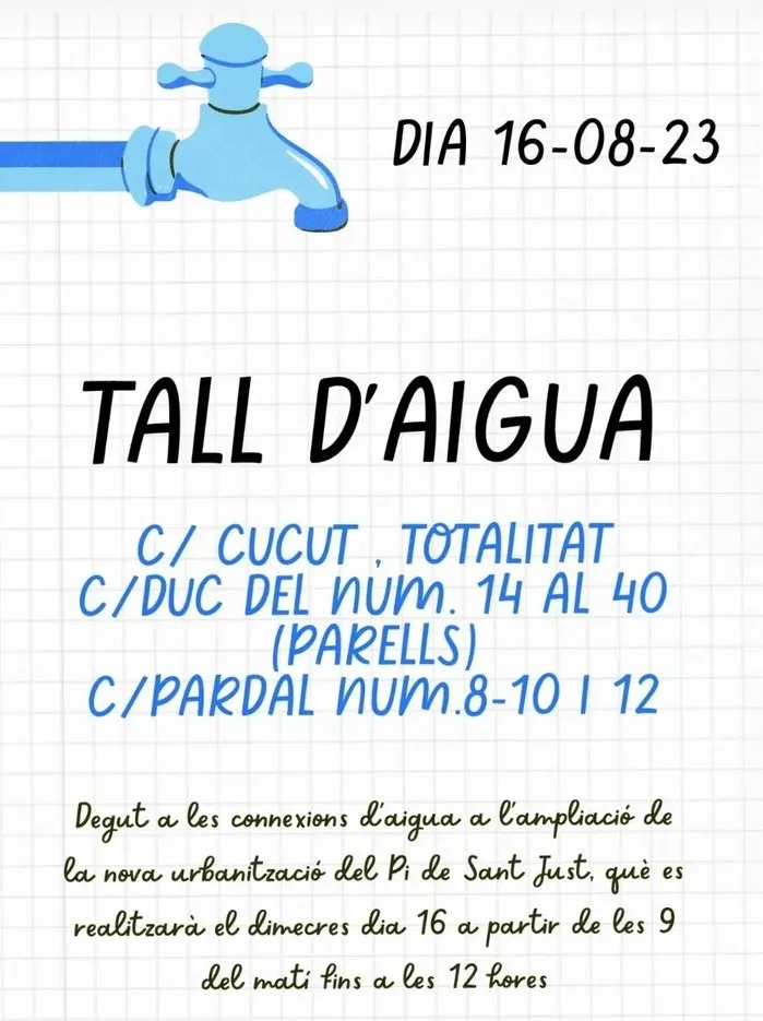 <strong>Avís de tall d'aigua a una part de la urbanització del Pi de Sant Just</strong>