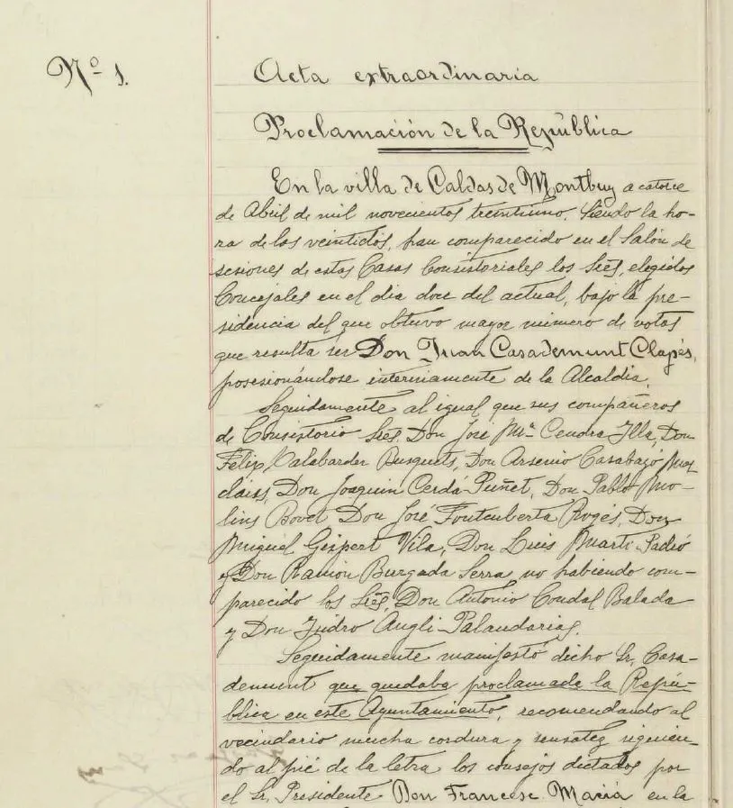 L’arxiu municipal fa pública una acta de reunió del ple de Caldes del 14 d’abril de 1931 en què es va proclamar la 2a República