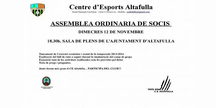 El CE Altafulla convoca els socis a una Assemblea Ordinària