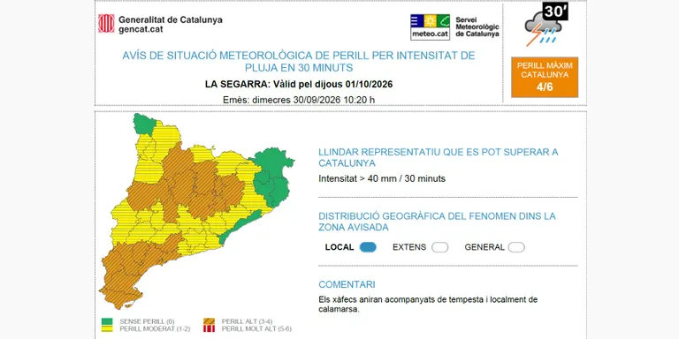 Activen un avís per intensitat de pluja per demà a l'Urgell i la Segarra